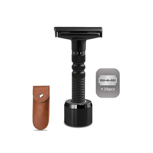 6-speed adjustable dual-blade safety razor with 10 platinum-coated stainless steel blades. Includes optional stand. Comes with complimentary travel pouch. (Black + base + holster)