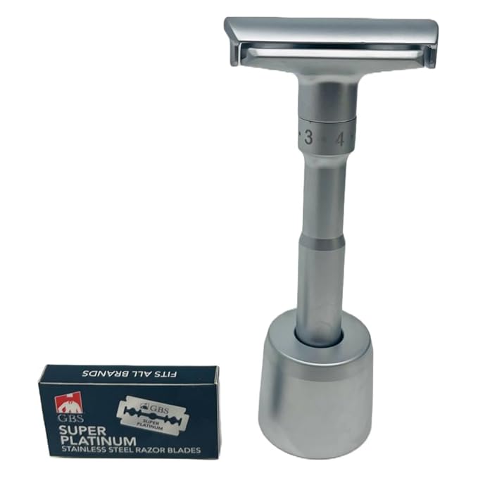 G.B.S Chrome Adjustable Men's Double Edge Safety Razor with Blades, Stand and 10 G.B.S Platinum Blade Refills