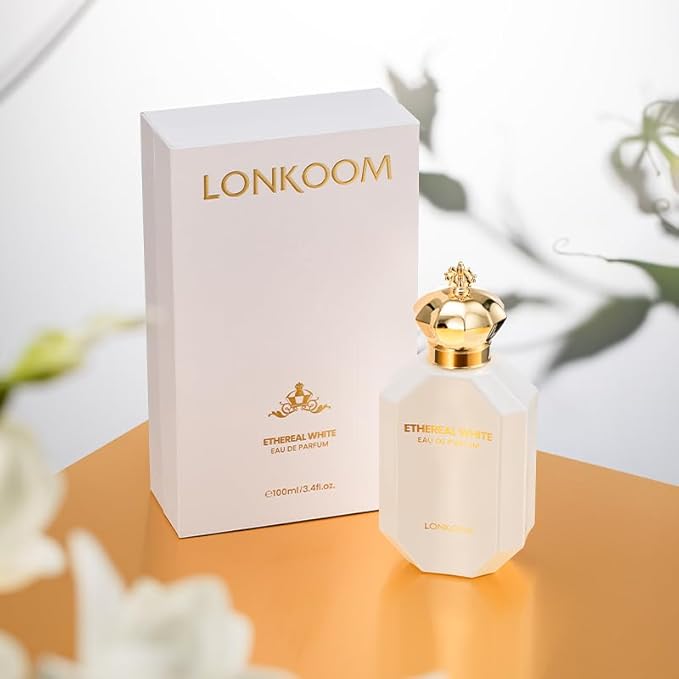 Lonkoom Ethereal White Perfume for Women, 3.4 Fl Oz/100ml Eau de Parfum Spray Long-Lasting Fragrance, Floral Fruity Gourmand Notes of Black Currant Pear Lris Jasmine Orange Blossom Praline, Vanilla