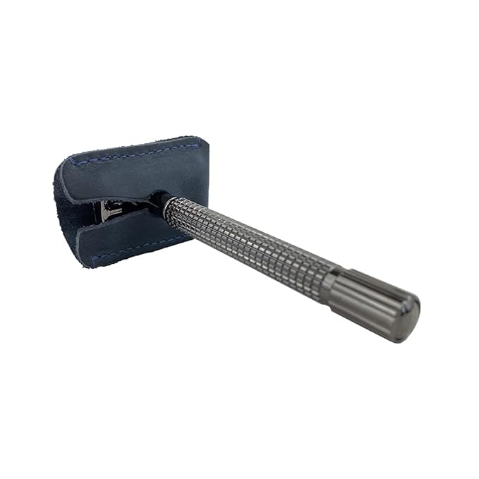 Hide & Drink, Leather Double Edge Safety Razor Head Protective Sheath, Shaving Travel Cover Handmade (Slate Blue)