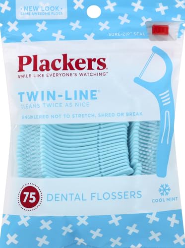 Plackers Twin-Line Dental Flossers, Cool Mint Flavor, Dual Action Flossing System, Easy Storage, Super Tuffloss, 2X The Clean, 75 Count (Pack of 2)