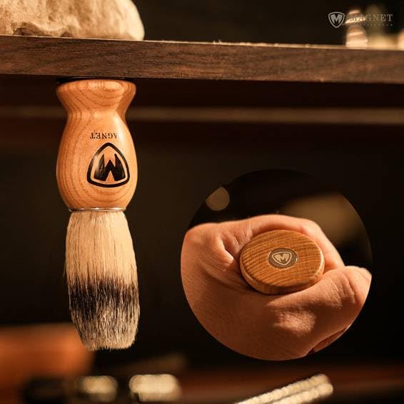 MAGNET Magnetic Shaving Brush for Face and Beard, Wood Handle with a Metal Plate for hanging dry upside down, a Brush Stand Free