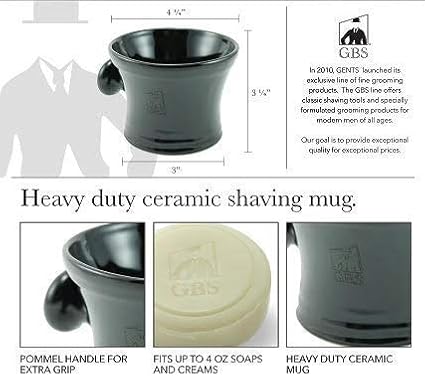 G.B.S Men's Black Ceramic Shaving Soap Bowl and Mug, Knob Handle, 3 Ounces