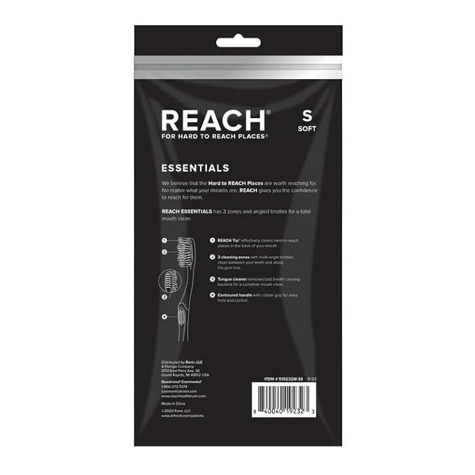 Reach Essentials Toothbrush with Toothbrush Caps, Multi-Zoned Angled Soft Bristles, Contoured Handle, Tongue Scraper, 6 Count