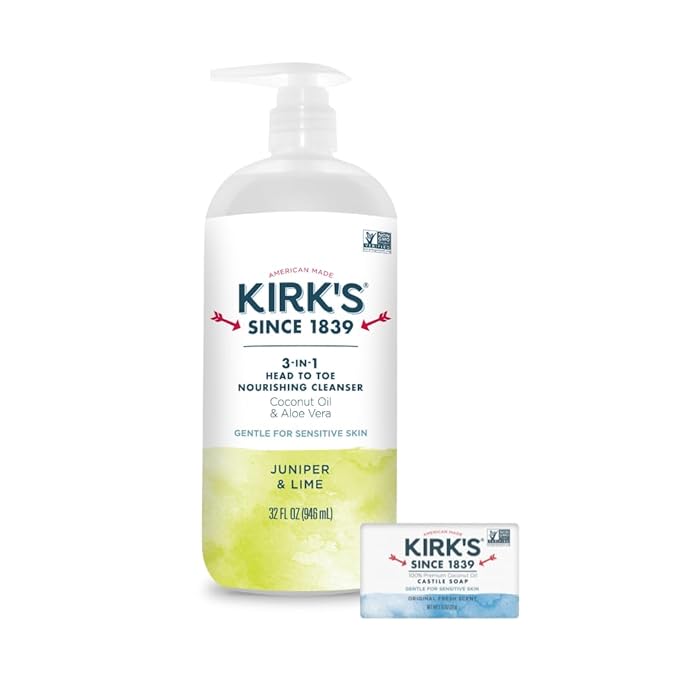 Kirk's 3-in-1 Castile Liquid Soap Travel Size Bar Soap (1.13 oz.) | Head-to-Toe Clean Shampoo, Face Soap & Body Wash for Men, Women & Children | Juniper & Lime Scent | 32 Fl Oz.