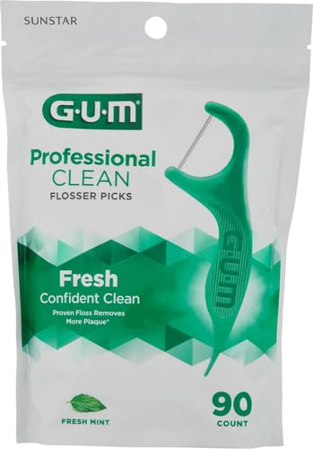 GUM Professional Clean Floss Picks - Extra Strong Shred-Resistant Floss, Easy Grip Handle - Dental Flossers for Adults - Fresh Mint Flavor, 90 Count (Pack of 2)