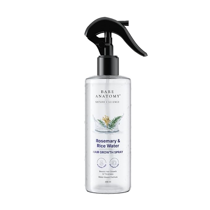 Bare Anatomy Nature x Science Rosemary Water Spray for Hair Growth & Hair Thickness with Rice Water |100% Natural Extract | Soft & Smooth Hair| Controls Hairfall| Non-Greasy & Fast Absorbing | 200ml