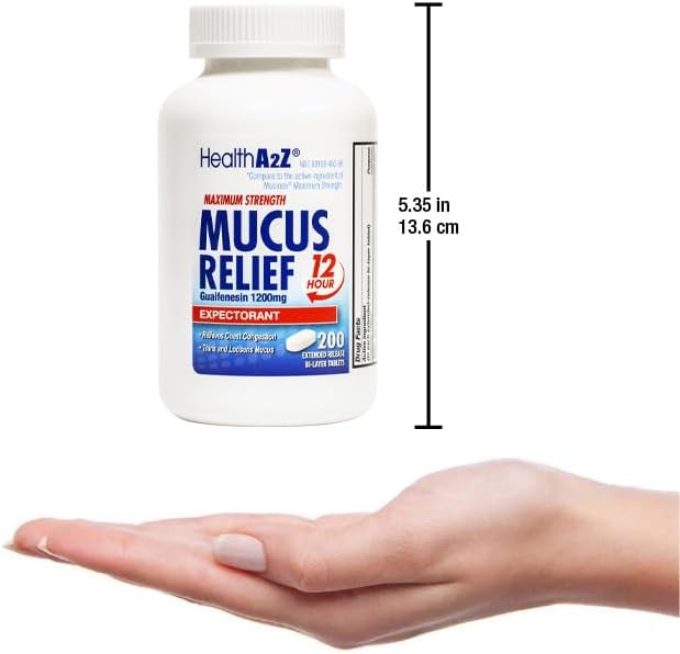 HealthA2Z® Mucus Relief | Guaifenesin 1200 mg |12 Hour | Expectorant | Relieves Chest Congestion | Thins and Loosens Mucus (200 Tablets)