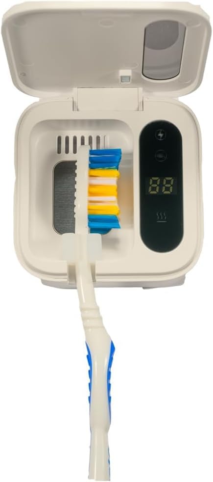 FOURJ New Model Portable & Stationary UV Toothbrush CASE Holder Now with Heat and Fan FUNCTIONALITY for Any Type of Toothbrush Size, White