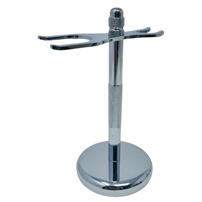 G.B.S Chrome Brush and Razor Stand - Textured Chrome Shaving Stand, – Stylish and Unbreakable Stand Best for Your Bathroom Everyday Grooming, Fits Most 3 and 5 Blade Razors Double Edge Safety Razors and Shaving Brush Stand