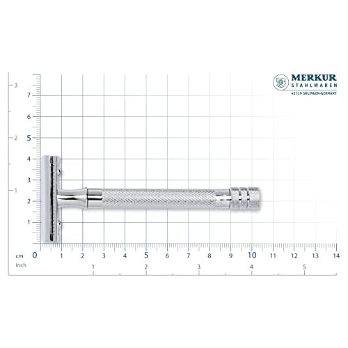 MERKUR 25C Double Edge Safety Razor in Bright Chrome with an Open Comb Design, Long Handle, Made in Germany, Plastic-Free, Three-Piece Design, and Straight Bar