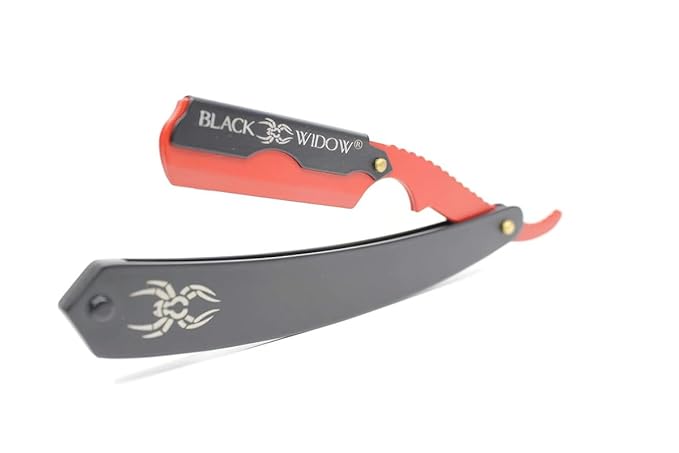 Black Widow Professional Barber Straight Edge Razor – Stainless Steel Shavette, 1.5 mm Blade Exposure, Matte Black & Red, 10 Double Edge Blades (20 Single-Edge) for Lineups & Beard Shaping