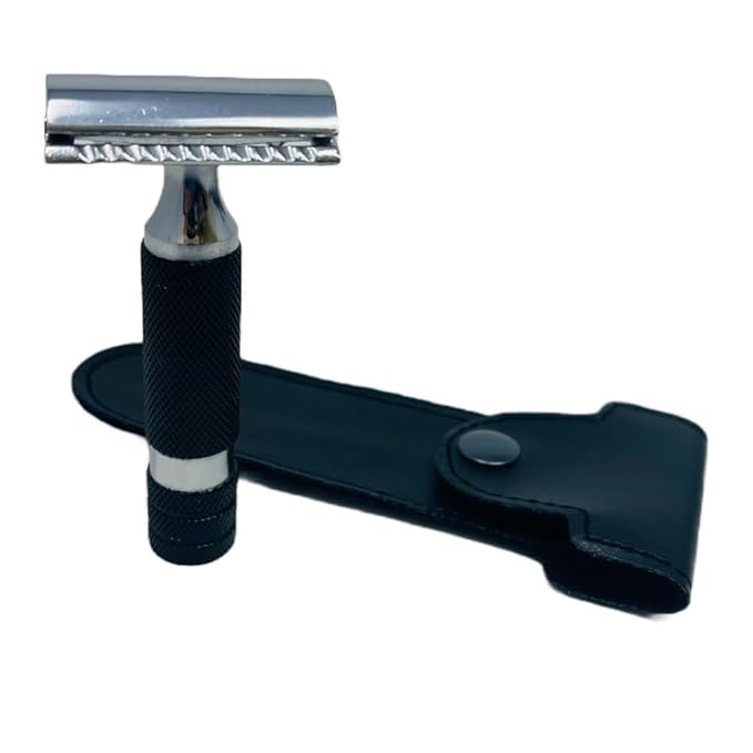 G.B.S Double Edge Shaving Razor Short Rubber Coated Handle With Leather Protective Travel Case & 20 blades Double Edge Safety Razor Long Lasting Skin Friendly