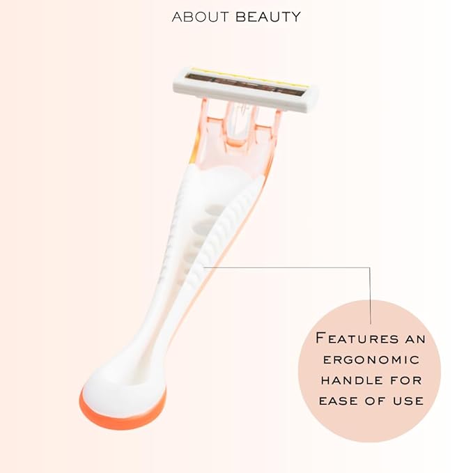 About Beauty Spa Shave 3 Blade Disposable Razors, Includes 4 Disposable Razors, Skin-Soothing Coconut Oil Moisture Pad Gently Glides Along Skin, Ergonomic Cushion Grip Handle