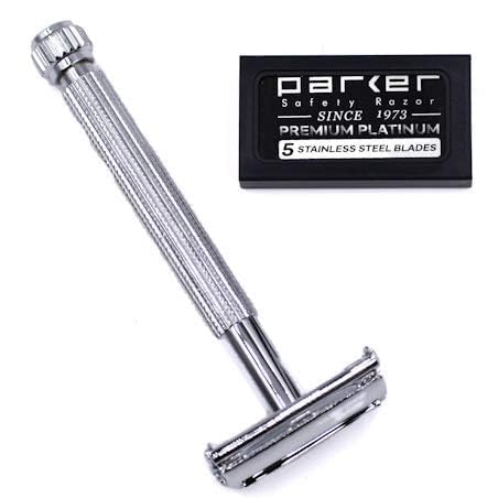 Parker 29L Chrome, Long Handle Butterfly Open Double Edge Safety Razor for Men & Women, 5 Parker Premium Platinum Double Edge Razor Blades Included