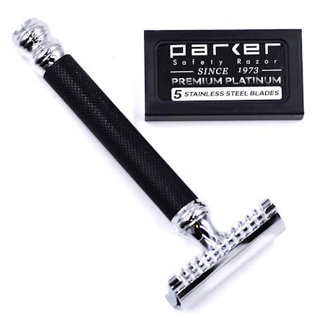 Parker Open Comb Double Edge Safety Razor – Heavyweight Chrome Handle for Closer Shaves – Includes 5 Razor Blades – Ideal for Men with Thick or Coarse Beards (26C - Graphite Gray)