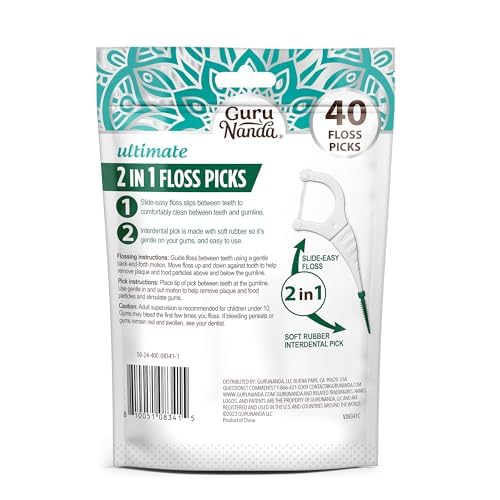 GuruNanda 2 in 1 Dental Floss Picks - Non-Slip Grip Handle, Slide Easy, No Break or Shred Flosser - Complete Oral Care with Interdental Pick for Healthy Teeth & Gums - Mint Flavor, 40 Count (2 Pack)