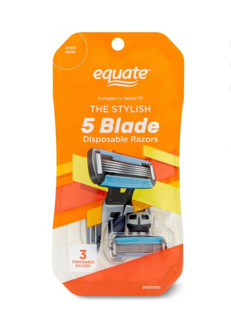 Equate Men's 5 Blade Disposable Razors with Dual Lubrication, 3 Count