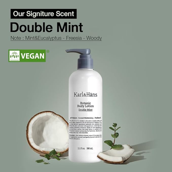 Karl&Hans Botanic Body Lotion Double Mint, Fresh Revitalizing Body Lotion - Invigorating Eucalyptus and Mint Fragrance - Non-Greasy Formula, 13.2 fl oz