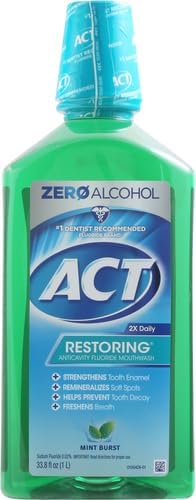 ACT Restoring Zero Alcohol Fluoride Mouthwash 33.8 fl. oz. Strengthens Tooth Enamel, Mint Burst (Pack of 2)