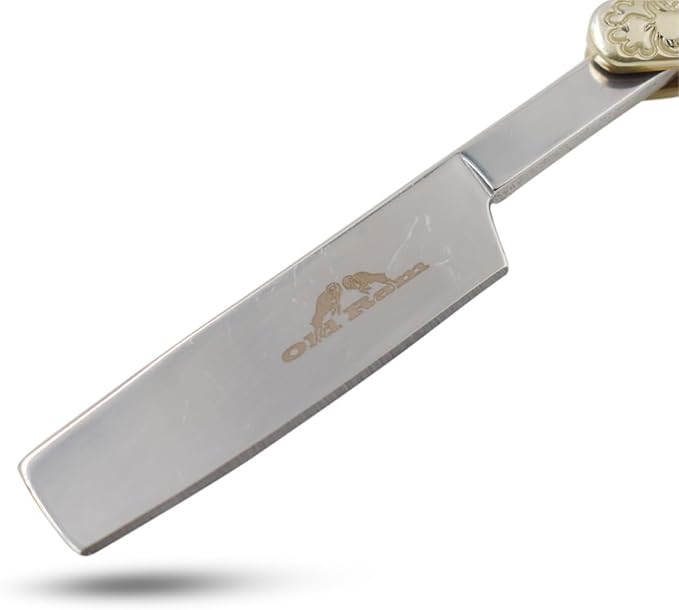 6.75" Straight Edge Razor – Stainless Steel Manual Folding Blade with Mother of Pearl Style Mosaic Handle and Engraved Brass Bolsters