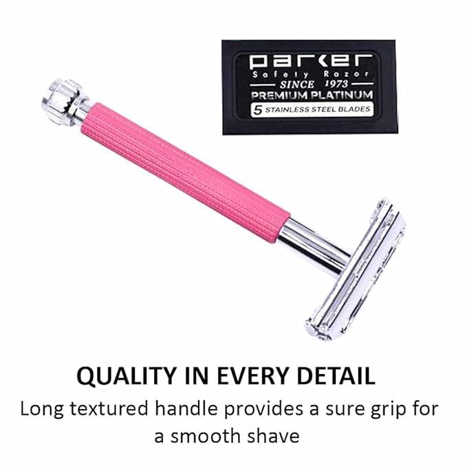 Parker 29L Pink, Long Handle Butterfly Open Double Edge Safety Razor for Women, 5 Parker Premium Platinum Double Edge Razor Blades Included