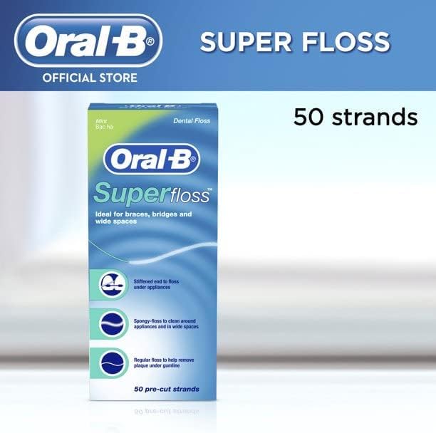Oral-B Super Floss Mint Dental Floss for Braces Bridges - 50 Strips (2-Pack)