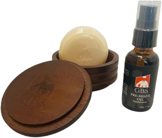 G.B.S Dark Wood Shaving Soap Bowl Cup with Lid Cover, Natural Shaving Soap, And Sandalwood Pre-Shave Oil