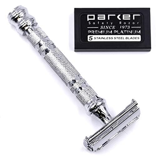 Parker 66R Long Handle Butterfly Safety Razor – Twist-to-Open Brass Frame with Textured Chrome Finish for Close, Comfortable Shaves - 5 Blades Included
