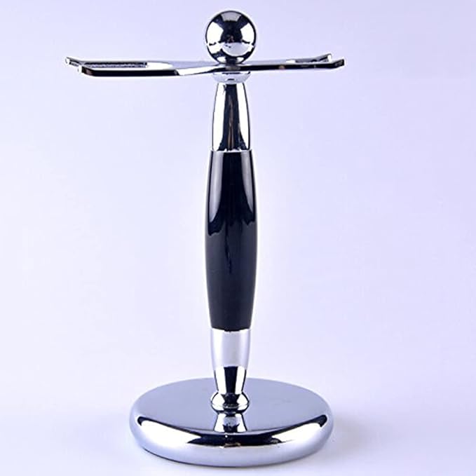 SANWA Deluxe Stainless Steel Shaving Brush Stand Holder for Razor & Brush - Extra Wide Openings, Weighted Base Black Handle