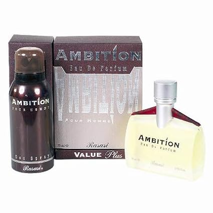 RASASI Ambition Ambition Men EDP & Deo Perfume 70ml + Deodorant 150ml | Bergamot, Floral Spices, Musk and Amber | Iris, Peony, Rose, Cassis, Freesia