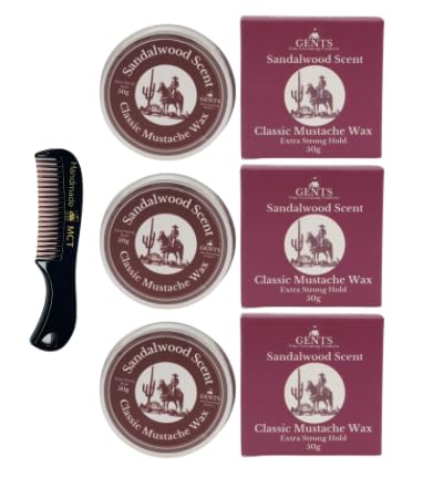 G.B.S Strong Hold Sandalwood Mustache Wax, Easy Application, Restyleable, long lasting hold with Styling Comb (1.7 oz) (3 Pack, Sandalwood)