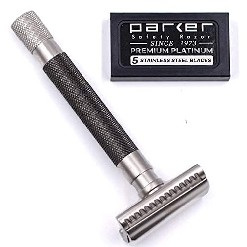 Parker Semi-Slant Safety Razor – Graphite Finish | Close Shaving Double Edge Razor for Sensitive Skin & Coarse Hair | Slanted Precision Head + 5 Platinum DE Blades | Iconic Brand