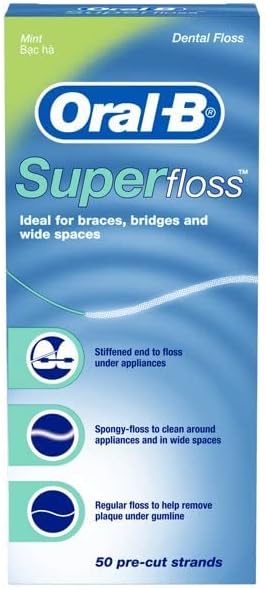 Oral-B Super Floss Mint Dental Floss for Braces Bridges - 50 Strips (2-Pack)