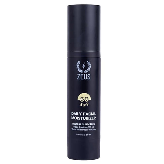 ZEUS Men's Daily Defense SPF50 Face Moisturizer for Men, Natural & Organic, Zinc Oxide Face Moisturizing Mineral Sunscreen, Hydrates & Protects Skin Against Harmful UV Rays (Made in USA)
