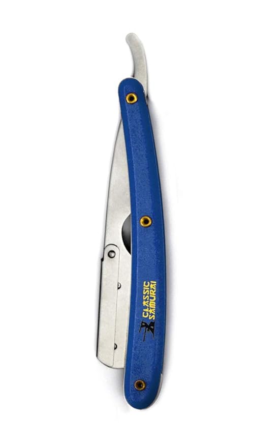Stainless Steel Professional Barber Folding Straight Edge Razor Shavette Men's Shaving Kit with 100 Count Lord Platinum Single Edge Razor Blades (Blue)