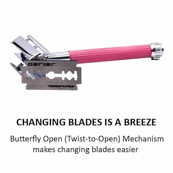 Parker 29L Pink, Long Handle Butterfly Open Double Edge Safety Razor for Women, 5 Parker Premium Platinum Double Edge Razor Blades Included