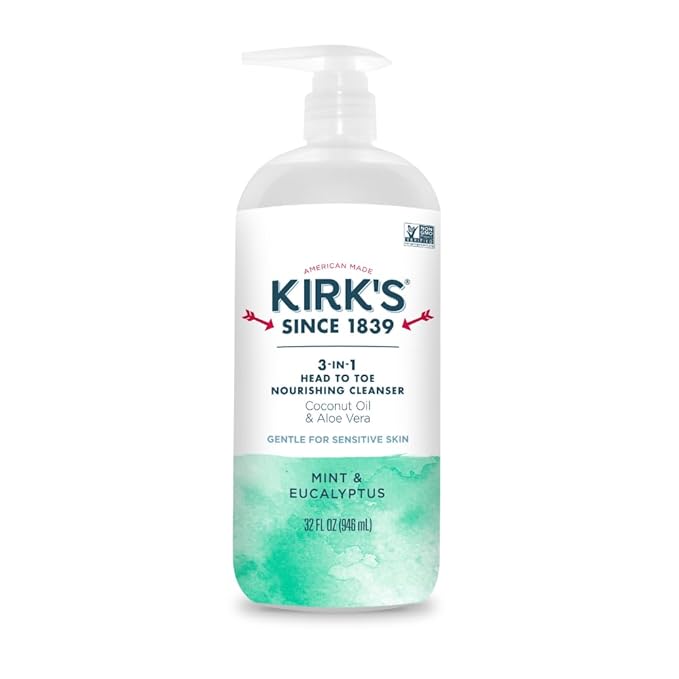 Kirk's 3-in-1 Head to Toe Nourishing Liquid Cleanser - for Men, Women, & Children - Premium Coconut Oil & Aloe Vera - Non GMO & Vegan - Mint and Eucalyptus - 32 Fl Oz.