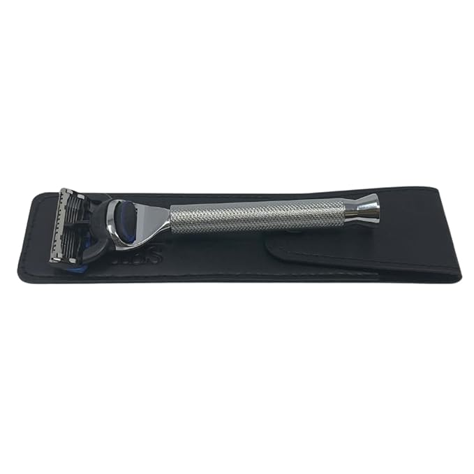 G.B.S Stylish Long Handle Textured Ergonomic Shaving Razor with Protective Leather Case for Travel, Chrome