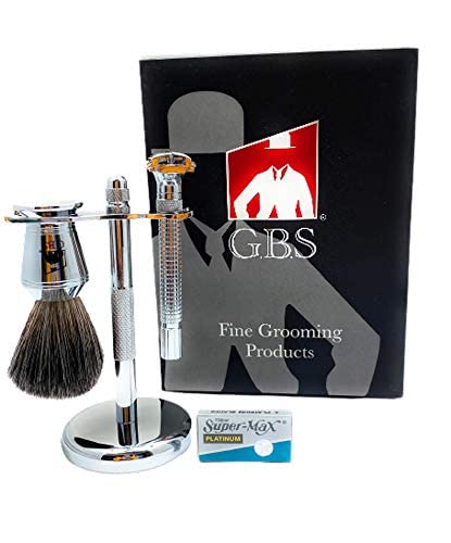 G.B.S Premium Men’s Shaving Grooming Set, Adjustable Butterfly Open Double Edge Safety Razor, Pure Badger Shaving Brush, Chrome Brush and Razor Stand