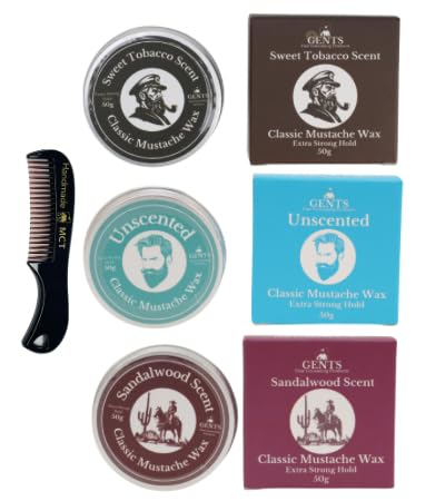 G.B.S Strong Hold Scent Variety Mustache Wax, Easy Application, Restyleable, long lasting hold with Styling Comb (1.7 oz) (3 Pack, Sandalwood, Sweet Tobacco, Unscented)