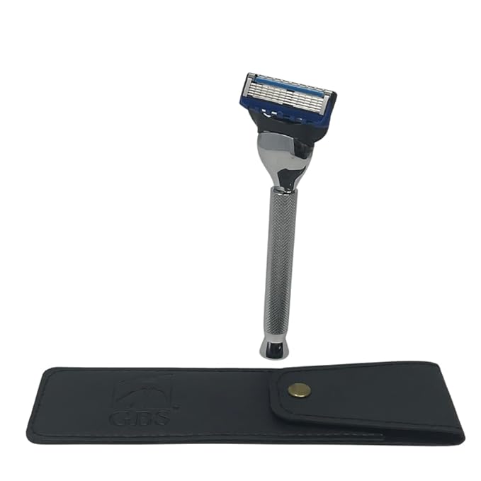 G.B.S Stylish Long Handle Textured Ergonomic Shaving Razor with Protective Leather Case for Travel, Chrome