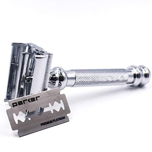 Parker 99R Chrome Long Handle Heavyweight Butterfly Open Double Edge Safety Razor for Men | 5 Parker Premium Platinum Double Edge Razor Blades Included | Iconic Brand