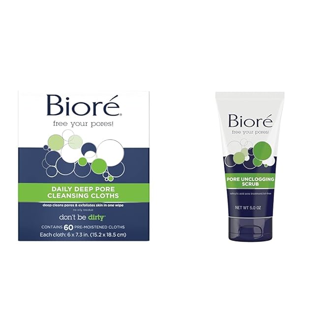 Bioré Daily Make Up Removing Cloths, Facial Cleansing Wipes & Pore Unclogging Scrub, Removes Excess Dirt and Oils, Face Scrub, with Salicylic Acid, Oil Free, 5 Ounces (HSA/FSA Approved)