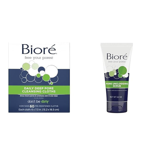 Bioré Daily Make Up Removing Cloths, Facial Cleansing Wipes & Pore Unclogging Scrub, Removes Excess Dirt and Oils, Face Scrub, with Salicylic Acid, Oil Free, 5 Ounces (HSA/FSA Approved)