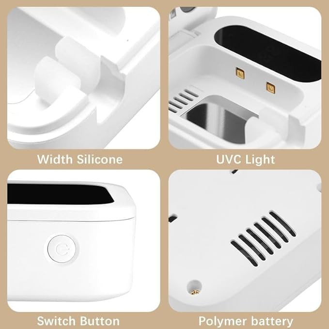 FOURJ New Model Portable & Stationary UV Toothbrush CASE Holder Now with Heat and Fan FUNCTIONALITY for Any Type of Toothbrush Size, White