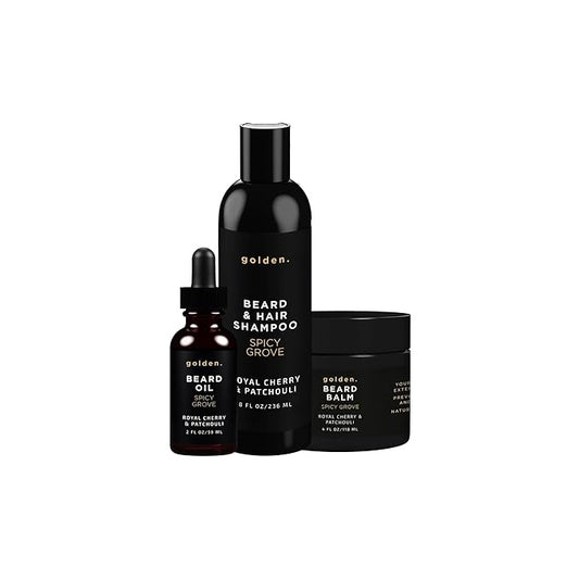 Golden Grooming Co. Everyday Beard Bundle – Complete Beard Care Set | Includes Beard Oil, Balm & Shampoo (XL, Spicy Grove)