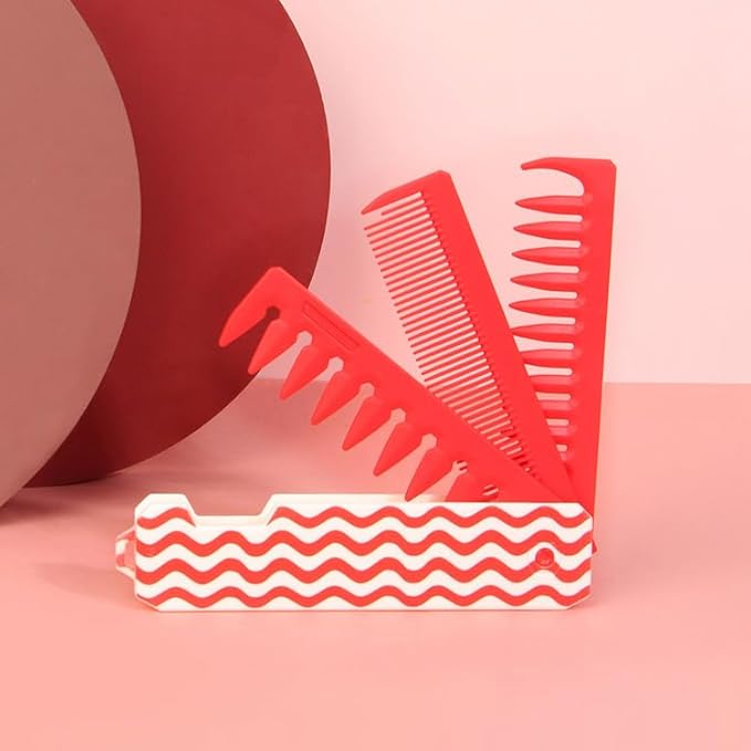 Protable Folding Hair Comb for Men, 3 in 1 Pocket Combs - Fine Tooth Comb, Styling for Everyday Grooming & Combing Hair, Beards and Mustaches (Red)