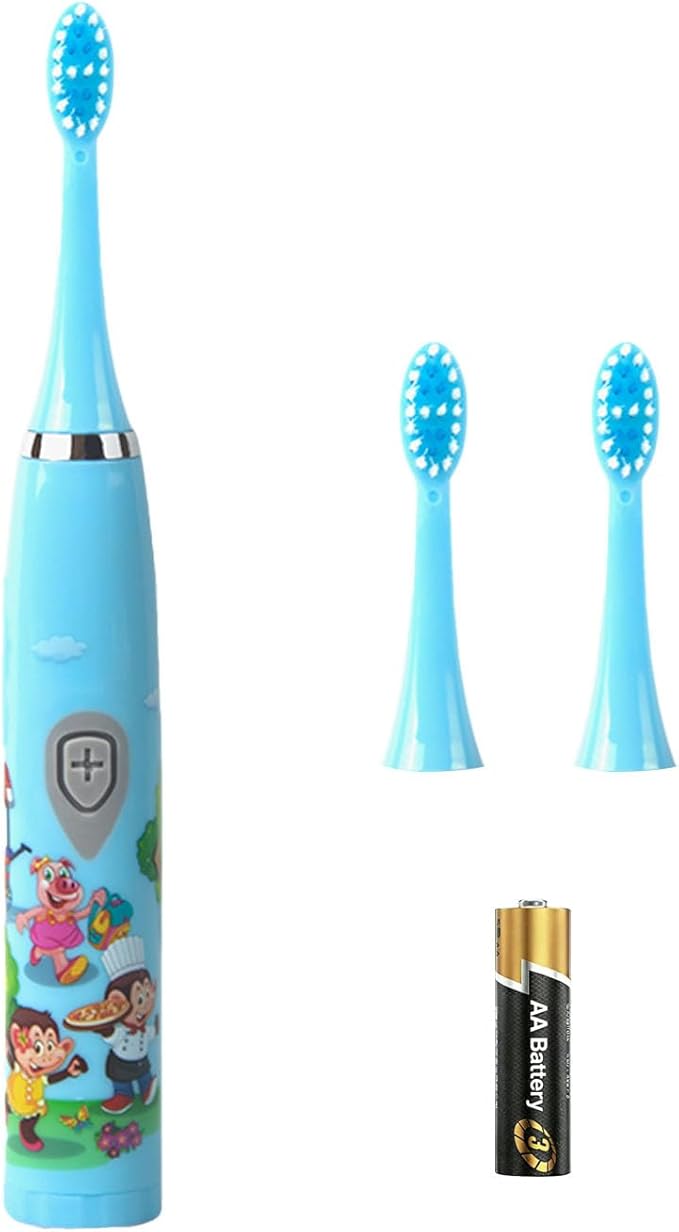 Kids Battery Powered Sonic Toothbrush with 3 Brush Heads, 1 AA Battery - Soft Bristles, IPX Waterproof, 2 Mins Timer (Blue)