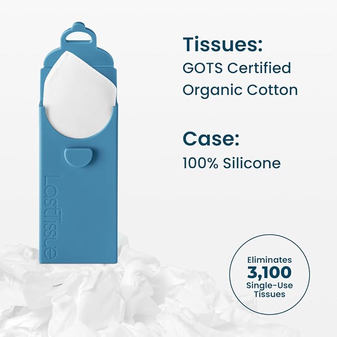 LastTissue® Reusable Cotton Tissue Pack | Face Towels & Handkerchiefs for Men & Women – Washable, Sustainable Facial Tissue with Storage Case - Blue